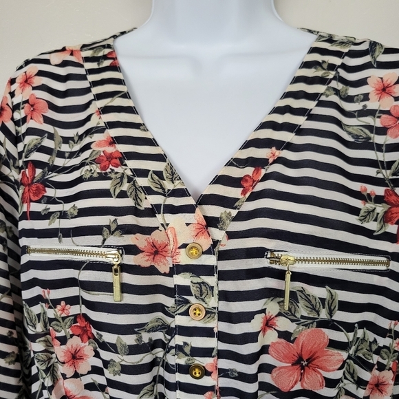 J for Justify Women's Large Tunic Dress Navy Blue White Striped Floral Print Top - Picture 2 of 8